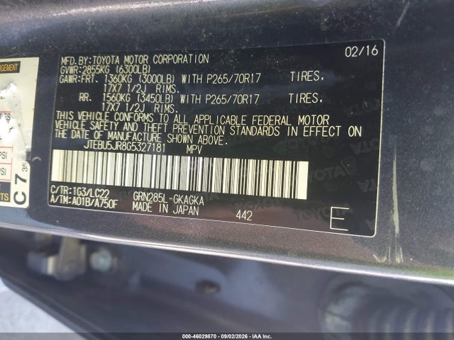 Продажа на аукционе авто 2016 Toyota 4runner Trail Premium, vin: JTEBU5JR8G5327181, номер лота: 46029870