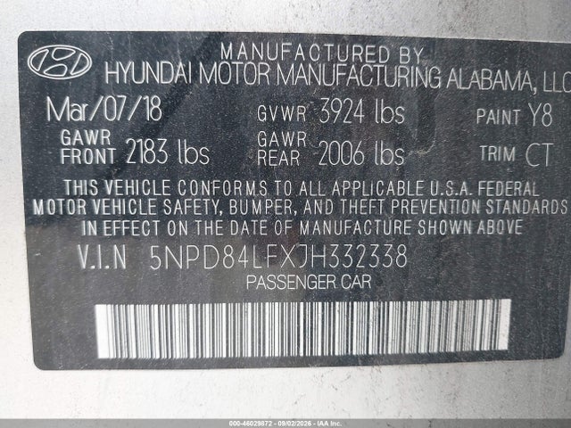 Hyundai ELANTRA SEL 2018 5NPD84LFXJH332338 Image 9
