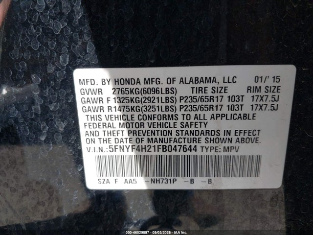 Honda PILOT LX 2015 5FNYF4H21FB047644 Image 9