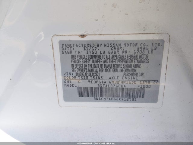 Aukcja sprzedaży 2018 Nissan Versa 1.6 Sv, vin: 3N1CN7AP1JK412931, numer aukcji: 46029909