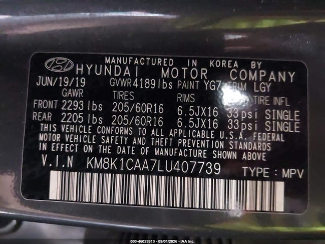 46029910 :رقم المزاد ، KM8K1CAA7LU407739 vin ، 2020 Hyundai Kona Se مزاد بيع