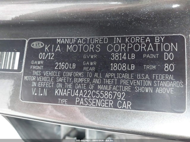 46029921 :رقم المزاد ، KNAFU4A22C5586792 vin ، 2012 Kia Forte Ex مزاد بيع