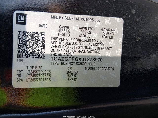 2018 Chevrolet Express 3500 Lt მანქანა იყიდება აუქციონზე, vin: 1GAZGPFGXJ1273970, აუქციონის ნომერი: 46029925