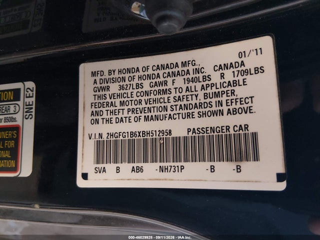 Продаж на аукціоні авто 2011 Honda Civic Lx, vin: 2HGFG1B6XBH512958, номер лоту: 46029928