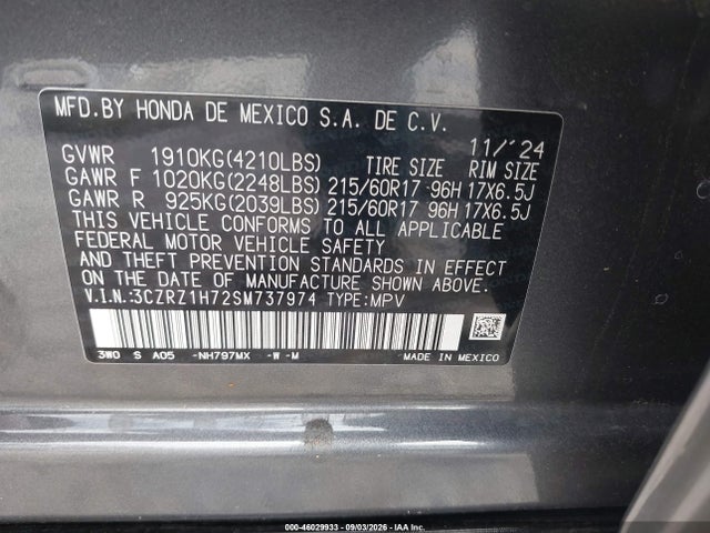 Продажа на аукционе авто 2025 Honda Hr-v 2wd Ex-l, vin: 3CZRZ1H72SM737974, номер лота: 46029933