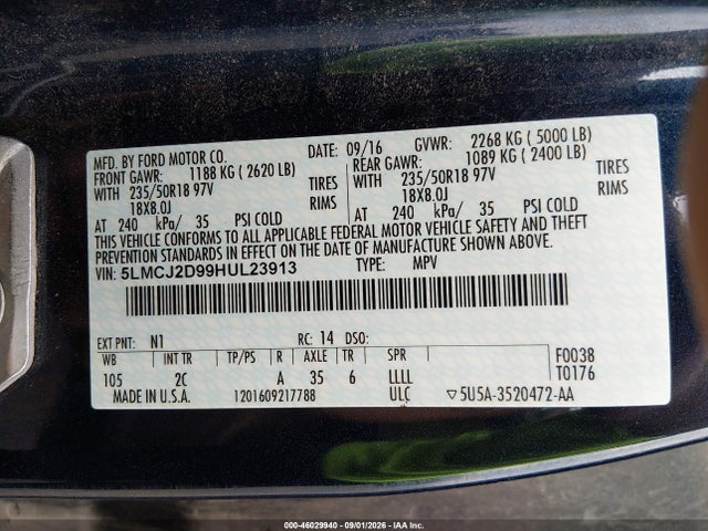 Продажа на аукционе авто 2017 Lincoln Mkc Select, vin: 5LMCJ2D99HUL23913, номер лота: 46029940