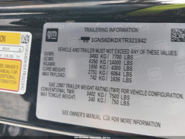 Продаж на аукціоні авто 2026 Chevrolet Suburban Z71, 4wd, vin: 1GNS6DKDXTR321842, номер лоту: 46029945