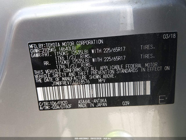 Продаж на аукціоні авто 2018 Toyota Rav4 Le, vin: JTMBFREV7JJ218576, номер лоту: 46029963
