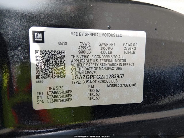 Aukcja sprzedaży 2018 Chevrolet Express 3500 Lt, vin: 1GAZGPFG2J1283957, numer aukcji: 46029965
