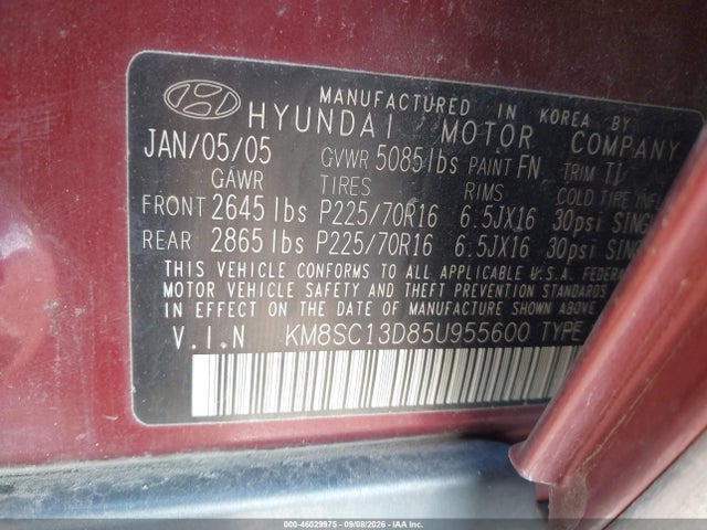 2005 Hyundai Santa Fe Gls მანქანა იყიდება აუქციონზე, vin: KM8SC13D85U955600, აუქციონის ნომერი: 46029975