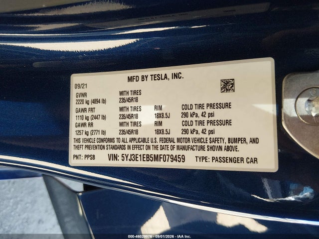 Продаж на аукціоні авто 2021 Tesla Model 3 Long Range Dual Motor All-wheel Drive, vin: 5YJ3E1EB5MF079459, номер лоту: 46029976