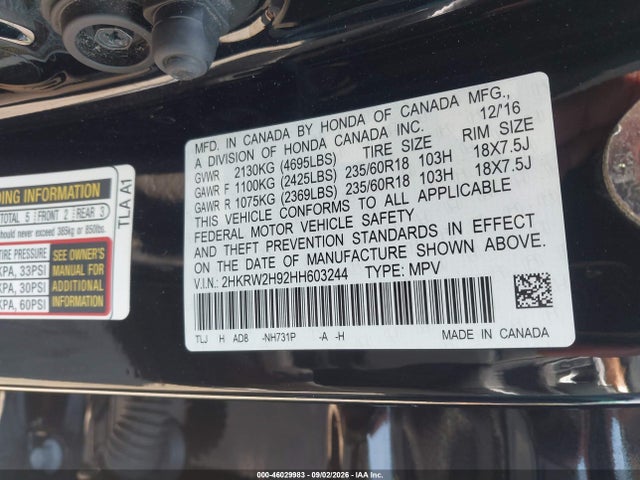 Aukcja sprzedaży 2017 Honda Cr-v Touring, vin: 2HKRW2H92HH603244, numer aukcji: 46029983