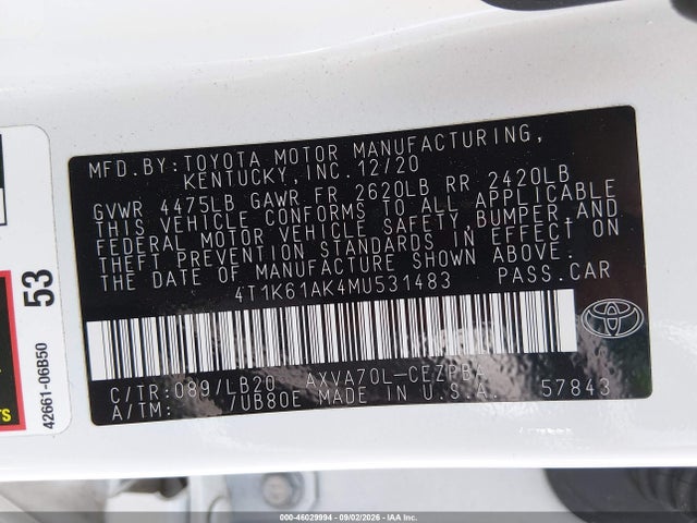 Продаж на аукціоні авто 2021 Toyota Camry Xse, vin: 4T1K61AK4MU531483, номер лоту: 46029994