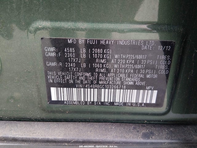 2013 Subaru Outback 2.5i Premium მანქანა იყიდება აუქციონზე, vin: 4S4BRBGC1D3266718, აუქციონის ნომერი: 46029999