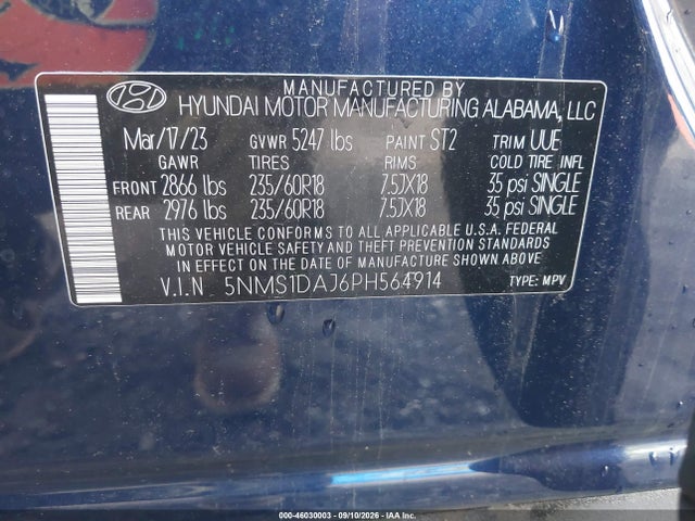 Aukcja sprzedaży 2023 Hyundai Santa Fe Se, vin: 5NMS1DAJ6PH564914, numer aukcji: 46030003