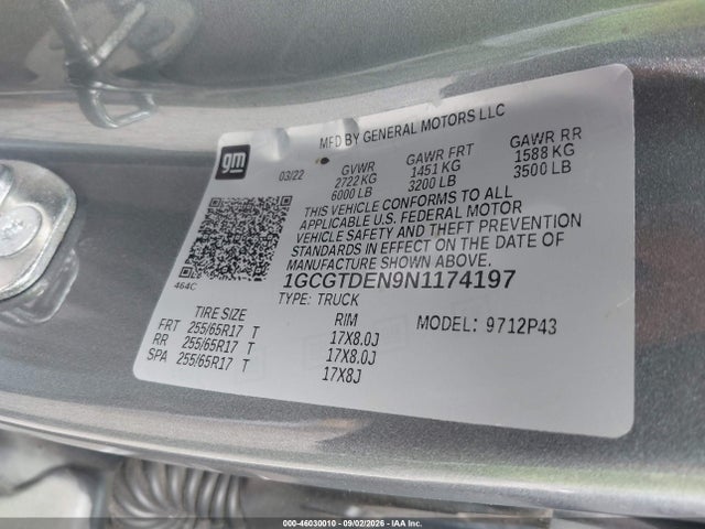 Продаж на аукціоні авто 2022 Chevrolet Colorado 4wd  Short Box Z71, vin: 1GCGTDEN9N1174197, номер лоту: 46030010