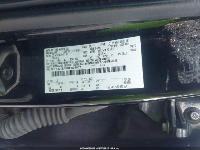 2017 Ford F-150 Xl მანქანა იყიდება აუქციონზე, vin: 1FTEW1EF0HFB98532, აუქციონის ნომერი: 46030016