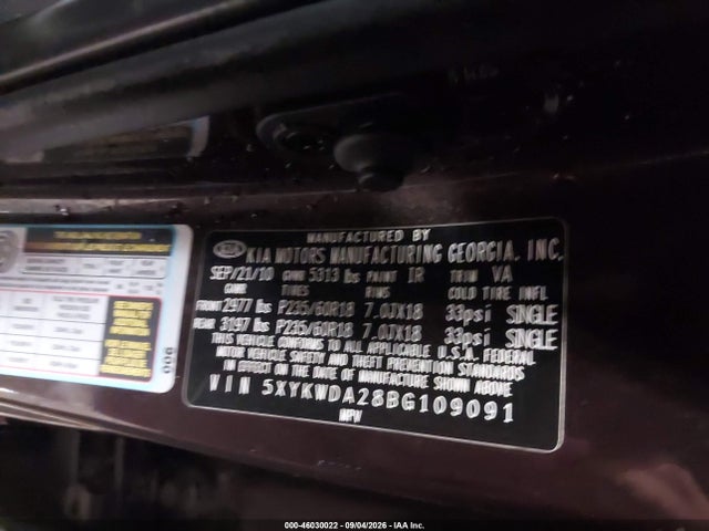 Продажа на аукционе авто 2011 Kia Sorento Sx V6, vin: 5XYKWDA28BG109091, номер лота: 46030022