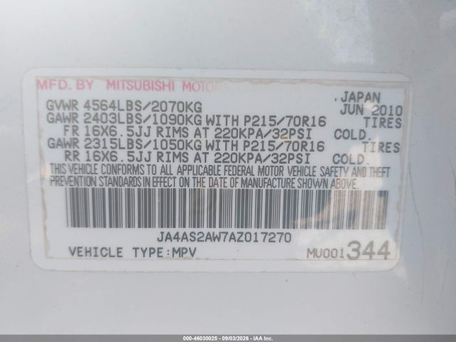 Продаж на аукціоні авто 2010 Mitsubishi Outlander Es, vin: JA4AS2AW7AZ017270, номер лоту: 46030025