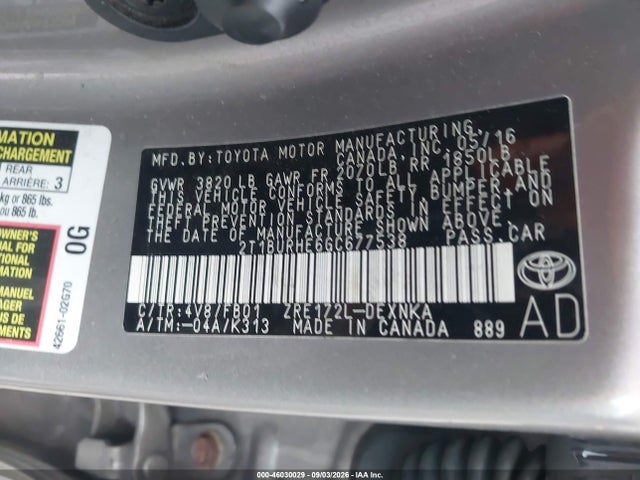 2016 Toyota Corolla Le მანქანა იყიდება აუქციონზე, vin: 2T1BURHE6GC677538, აუქციონის ნომერი: 46030029