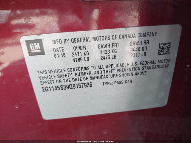 Chevrolet IMPALA 2LZ 2016 2G1145S39G9157936 Image 9