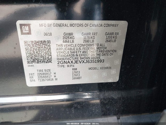 Aukcja sprzedaży 2018 Chevrolet Equinox Lt, vin: 2GNAXJEVXJ6351993, numer aukcji: 46030039