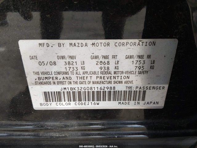2008 Mazda Mazda3 I Touring Value მანქანა იყიდება აუქციონზე, vin: JM1BK32G081162988, აუქციონის ნომერი: 46030052