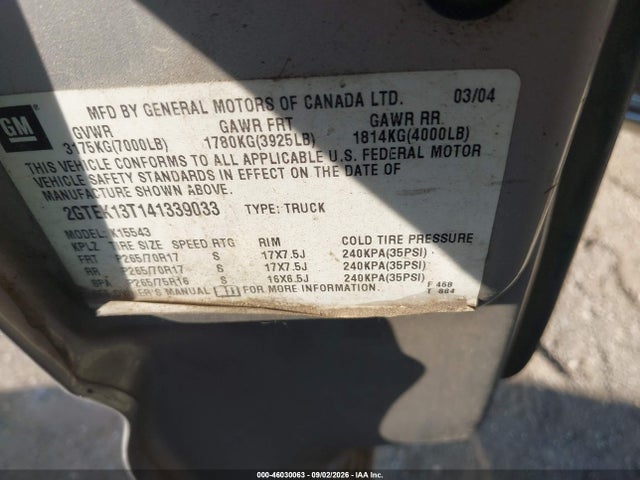 Продаж на аукціоні авто 2004 Gmc Sierra 1500 Slt, vin: 2GTEK13T141339033, номер лоту: 46030063