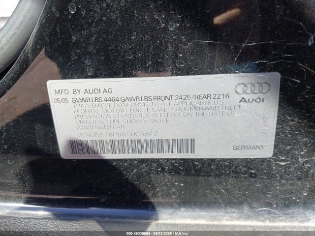 Aukcja sprzedaży 2006 Audi A3 2.0t, vin: WAUNF78P86A003842, numer aukcji: 46030065