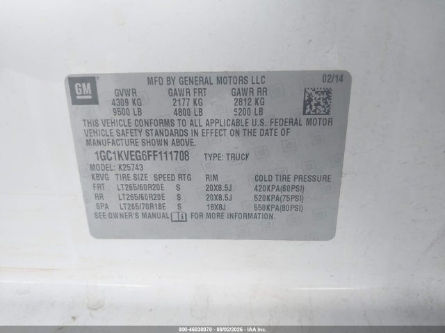 2015 Chevrolet Silverado 2500hd Lt მანქანა იყიდება აუქციონზე, vin: 1GC1KVEG6FF111708, აუქციონის ნომერი: 46030070