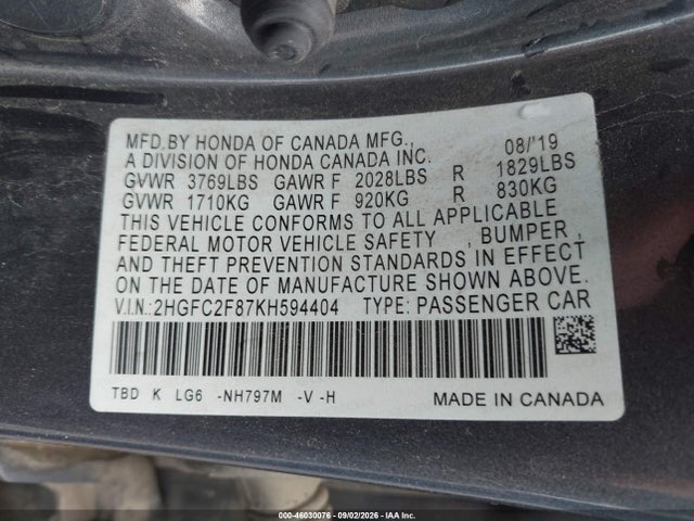 Продажа на аукционе авто 2019 Honda Civic Sport, vin: 2HGFC2F87KH594404, номер лота: 46030076