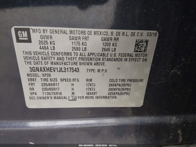 3GNAXHEV1JL317543 Chevrolet EQUINOX LS