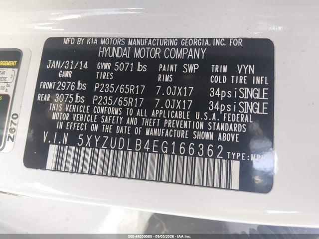 2014 Hyundai Santa Fe Sport 2.4l მანქანა იყიდება აუქციონზე, vin: 5XYZUDLB4EG166362, აუქციონის ნომერი: 46030085