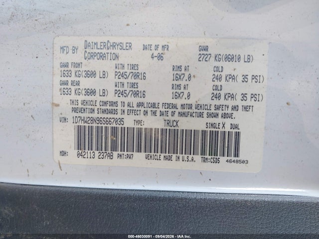 2006 Dodge Dakota St მანქანა იყიდება აუქციონზე, vin: 1D7HW28N96S667035, აუქციონის ნომერი: 46030091