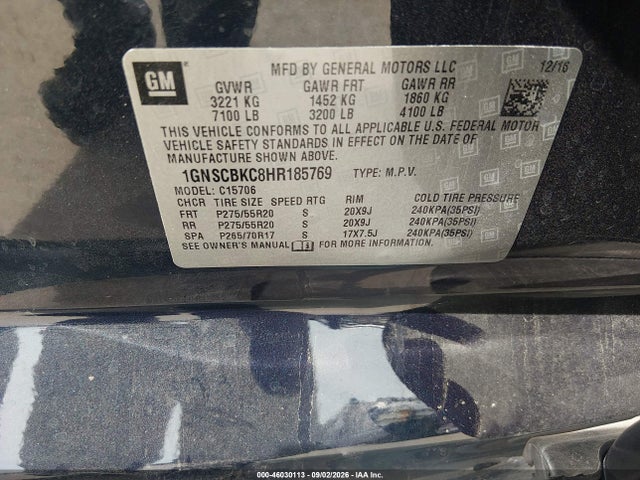 Продажа на аукционе авто 2017 Chevrolet Tahoe Lt, vin: 1GNSCBKC8HR185769, номер лота: 46030113