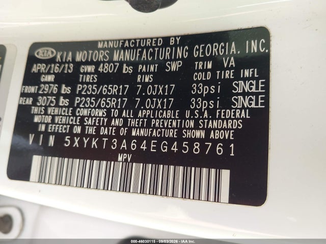 Aukcja sprzedaży 2014 Kia Sorento Lx, vin: 5XYKT3A64EG458761, numer aukcji: 46030115