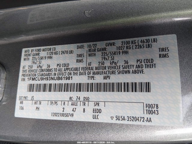 Продаж на аукціоні авто 2022 Ford Escape Sel, vin: 1FMCU9H93NUB61981, номер лоту: 46030118