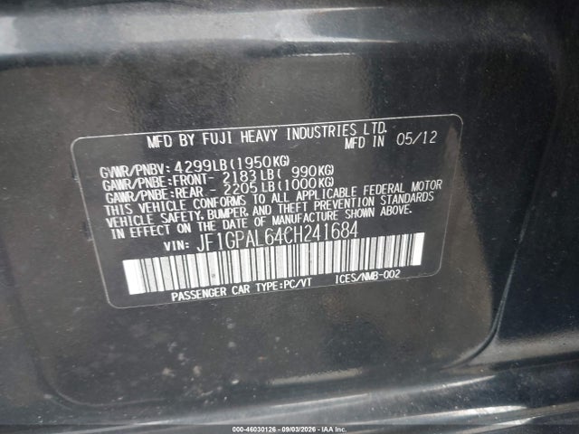 46030126 :رقم المزاد ، JF1GPAL64CH241684 vin ، 2012 Subaru Impreza 2.0i Sport Premium مزاد بيع