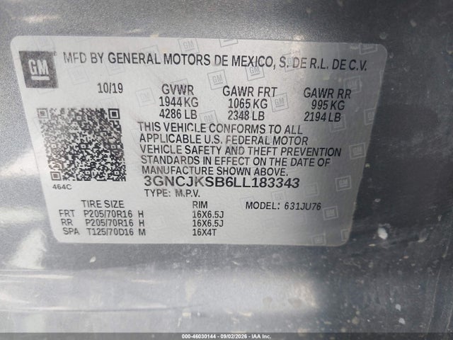 Продаж на аукціоні авто 2020 Chevrolet Trax Fwd Ls, vin: 3GNCJKSB6LL183343, номер лоту: 46030144