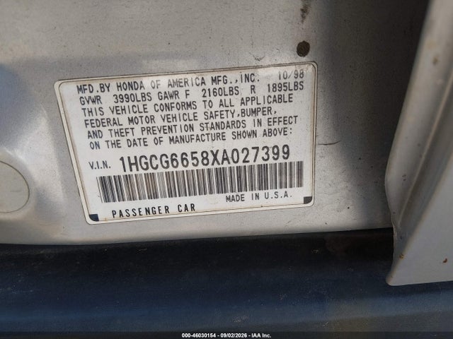 46030154 :رقم المزاد ، 1HGCG6658XA027399 vin ، 1999 Honda Accord Lx مزاد بيع