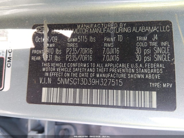 46030164 :رقم المزاد ، 5NMSG13D39H327515 vin ، 2009 Hyundai Santa Fe Gls مزاد بيع