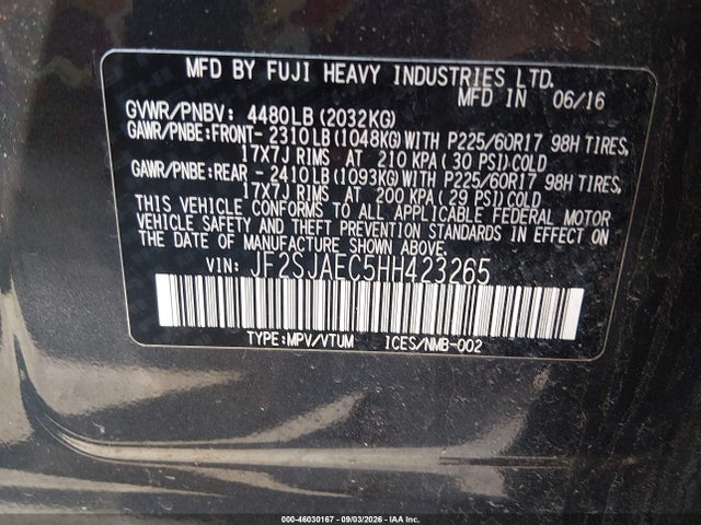 Aukcja sprzedaży 2017 Subaru Forester 2.5i Premium, vin: JF2SJAEC5HH423265, numer aukcji: 46030167