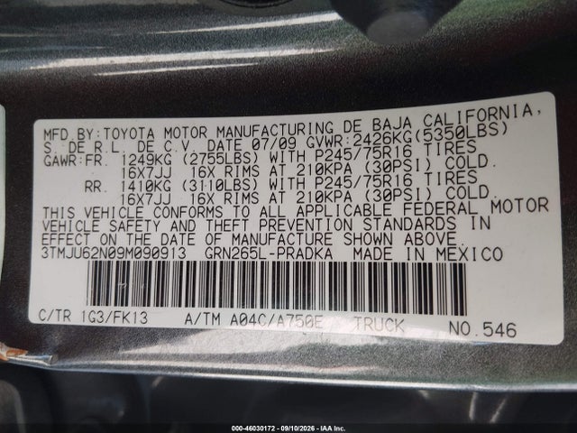 Продажа на аукционе авто 2009 Toyota Tacoma Prerunner V6, vin: 3TMJU62N09M090913, номер лота: 46030172