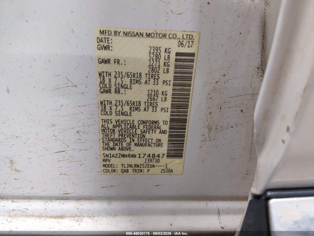 46030178 :رقم المزاد ، 5N1AZ2MH4HN174847 vin ، 2017 Nissan Murano Sl مزاد بيع