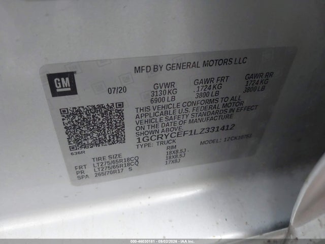 46030181 :رقم المزاد ، 1GCRYCEF1LZ331412 vin ، 2020 Chevrolet Silverado 1500 4wd  Standard Bed Custom Trail Boss مزاد بيع