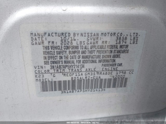 2017 Nissan Sentra Sr მანქანა იყიდება აუქციონზე, vin: 3N1AB7AP5HY214134, აუქციონის ნომერი: 46030185
