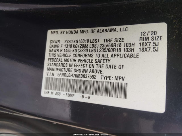 46030189 :رقم المزاد ، 5FNRL6H70MB037592 vin ، 2021 Honda Odyssey Ex-l مزاد بيع