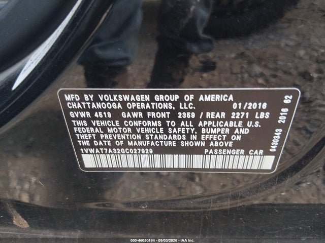 46030194 :رقم المزاد ، 1VWAT7A32GC027929 vin ، 2016 Volkswagen Passat 1.8t S مزاد بيع