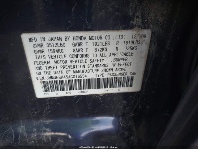 46030195 :رقم المزاد ، JHMGE8H45AC016554 vin ، 2010 Honda Fit Sport مزاد بيع