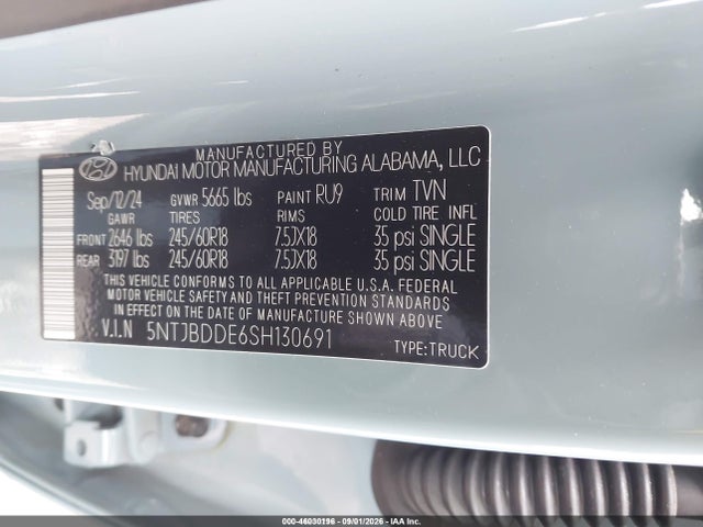 2025 Hyundai Santa Cruz Sel მანქანა იყიდება აუქციონზე, vin: 5NTJBDDE6SH130691, აუქციონის ნომერი: 46030196